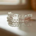 A pair of clear aligners in their case, a key part of the overall treatment cost.