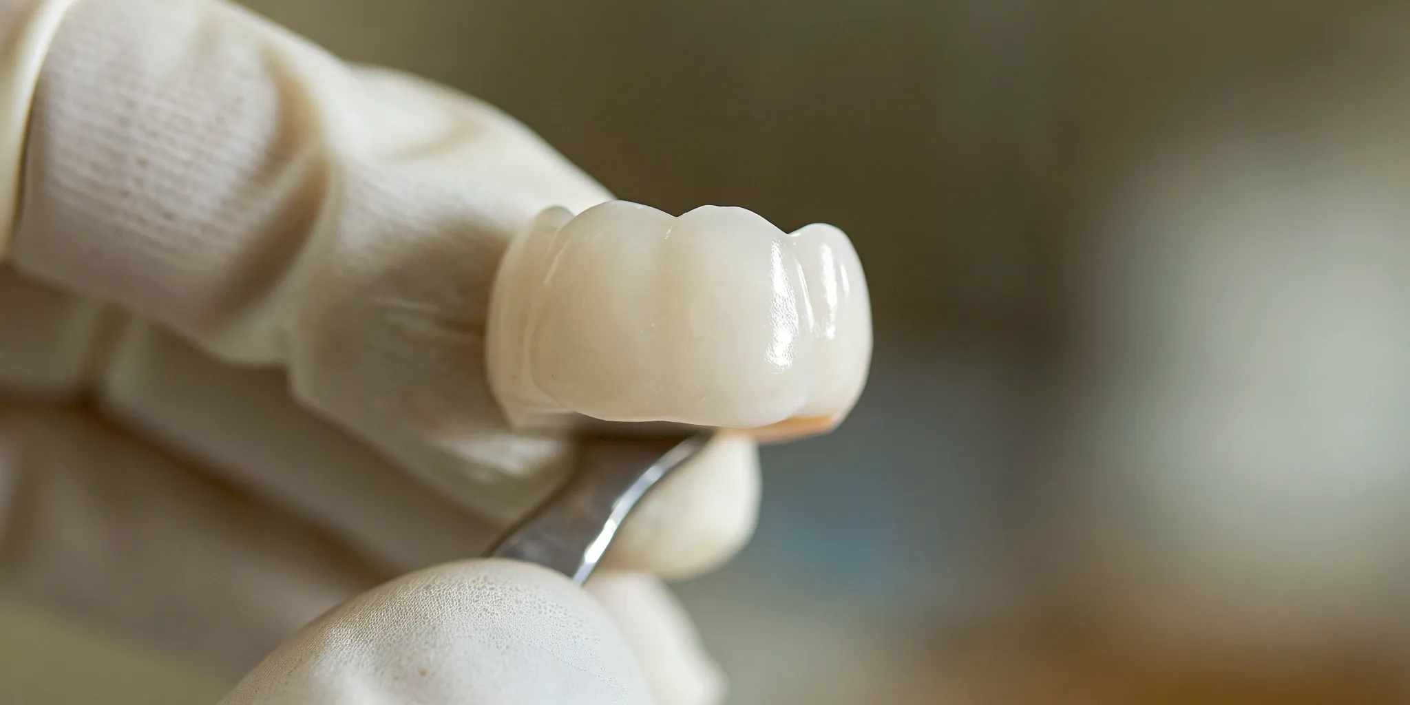 A strong, natural-looking zirconia dental crown material held in a gloved hand.